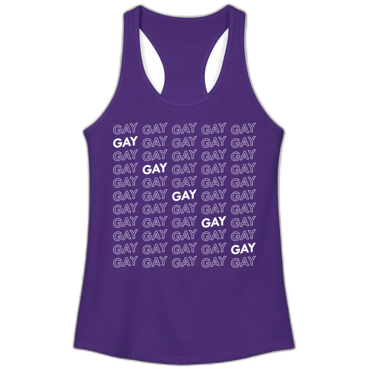 Gay pride pattern repeat design with the word GAY in outlined and solid white letters on a gray background in Solid Purple Rush