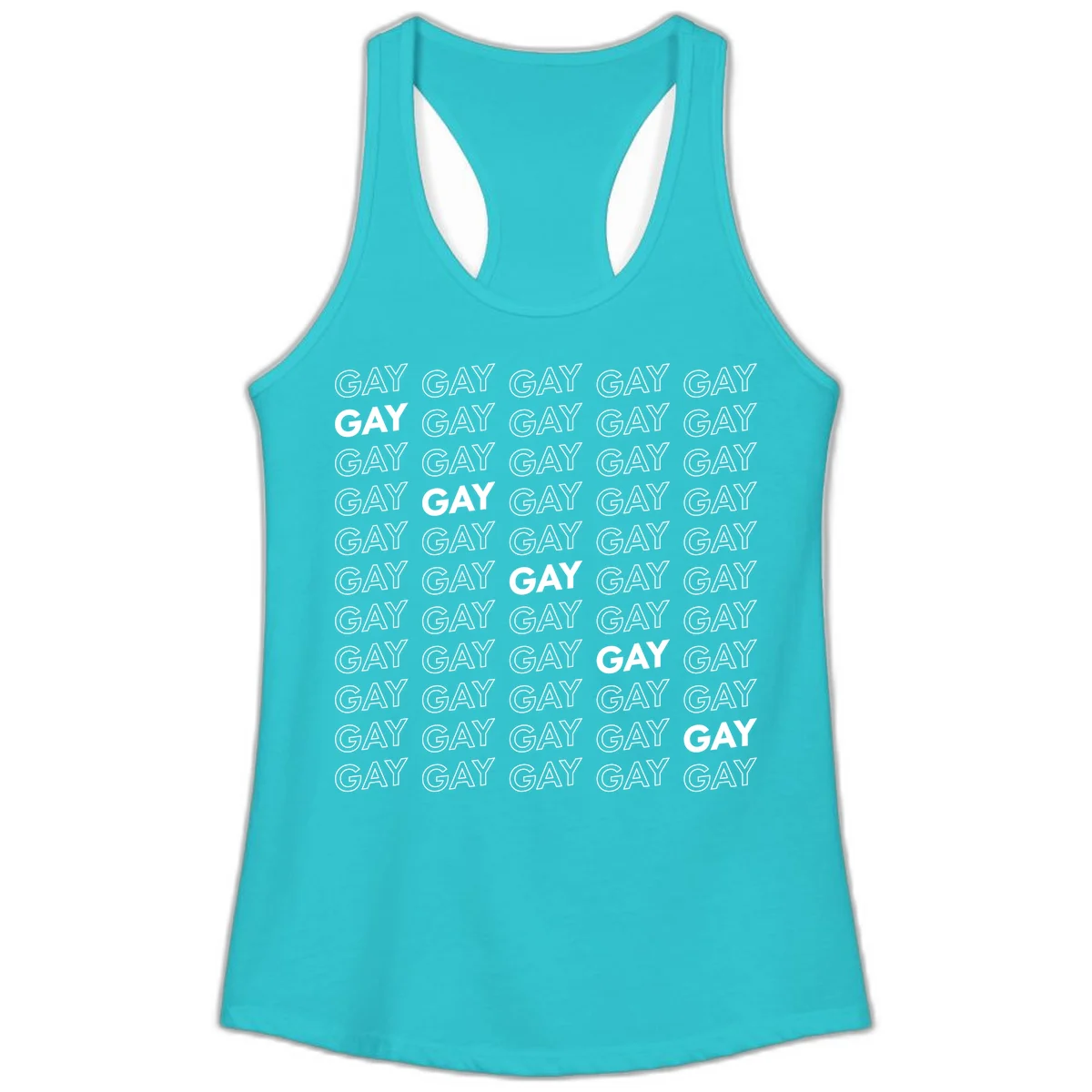 Gay pride pattern repeat design with the word GAY in outlined and solid white letters on a gray background in Solid Tahiti Blue