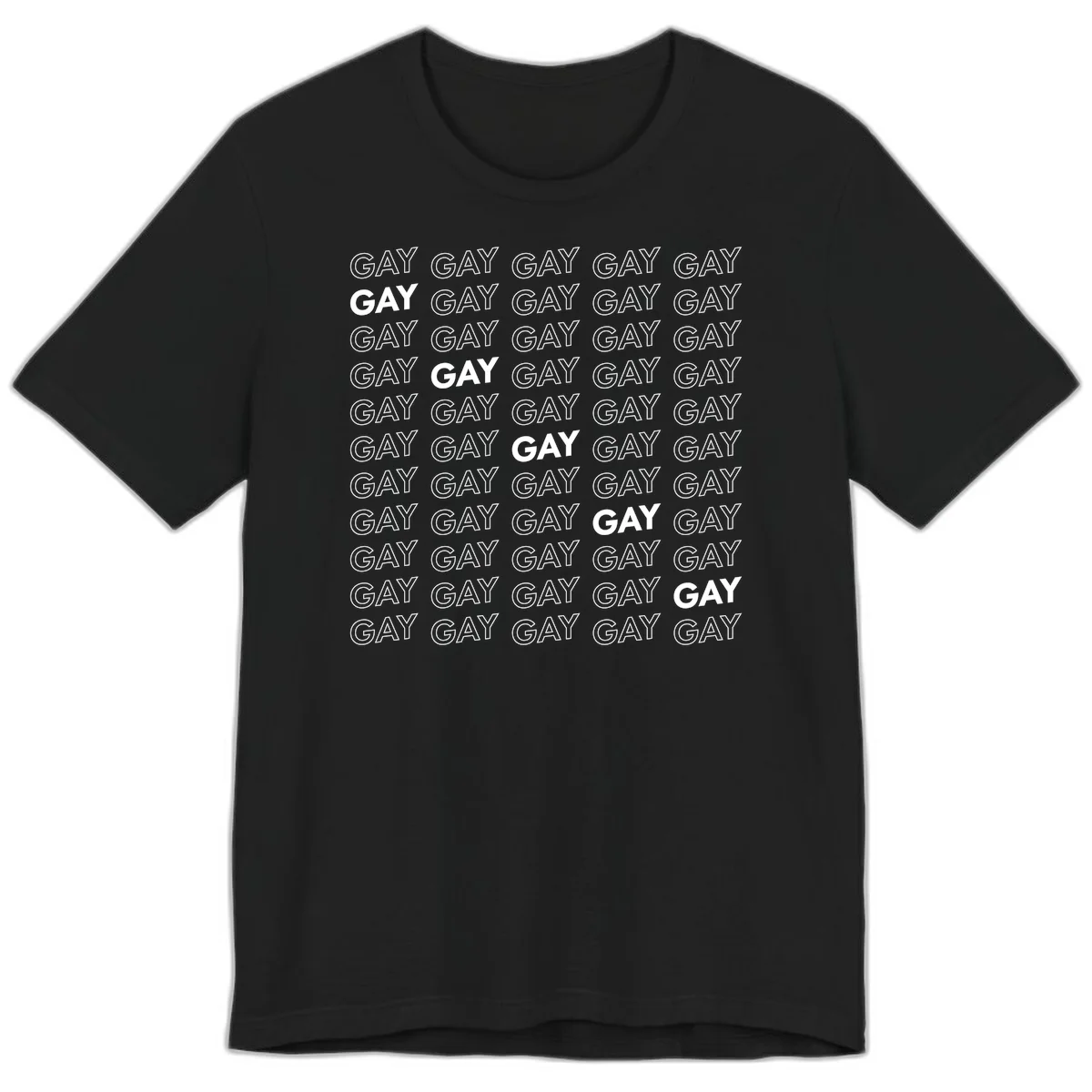 Gay pride pattern repeat design with the word GAY in outlined and solid white letters on a gray background in Black