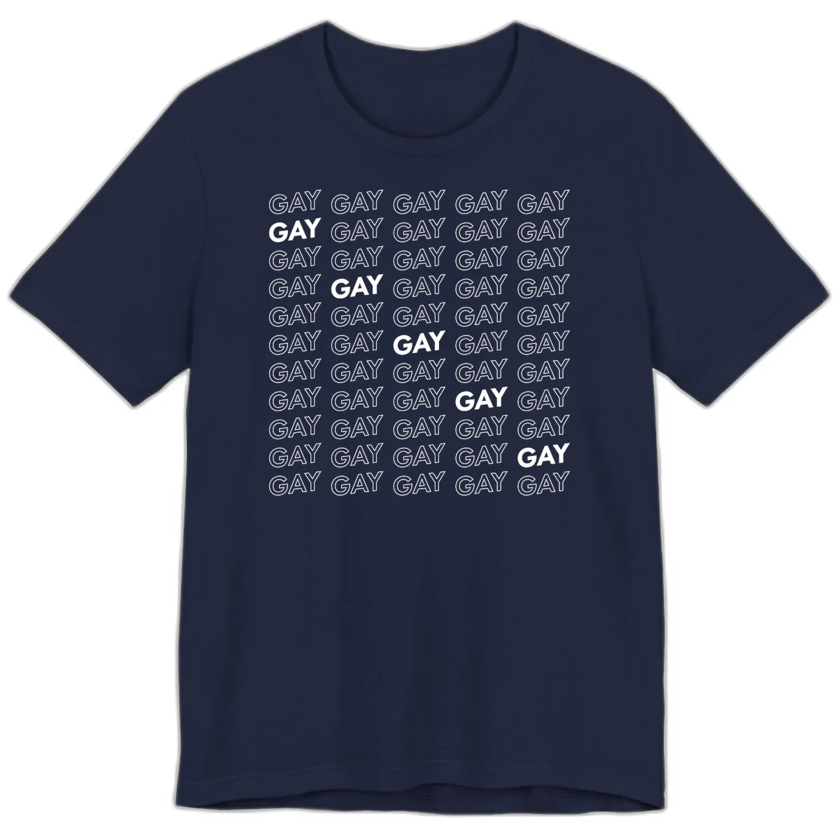 Gay pride pattern repeat design with the word GAY in outlined and solid white letters on a gray background in Navy