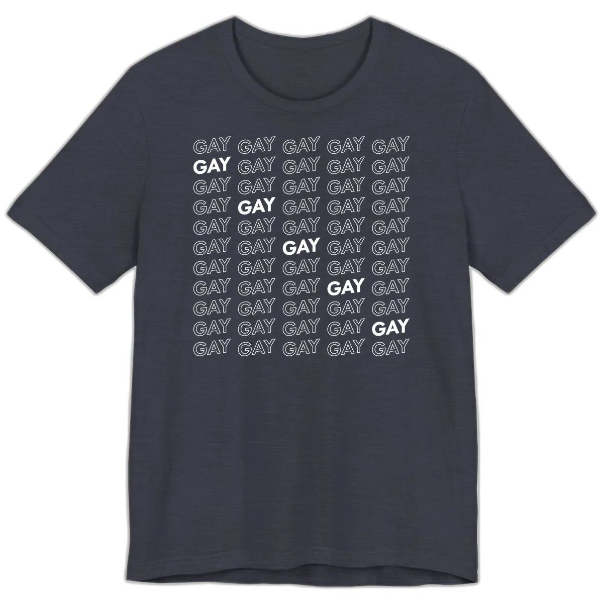 Gay pride pattern repeat design with the word GAY in outlined and solid white letters on a gray background in Heather Midnight Navy