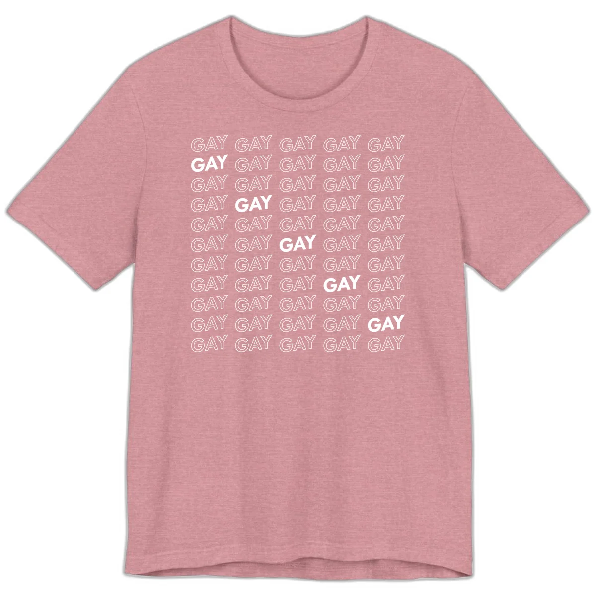 Gay pride pattern repeat design with the word GAY in outlined and solid white letters on a gray background in Heather Orchid