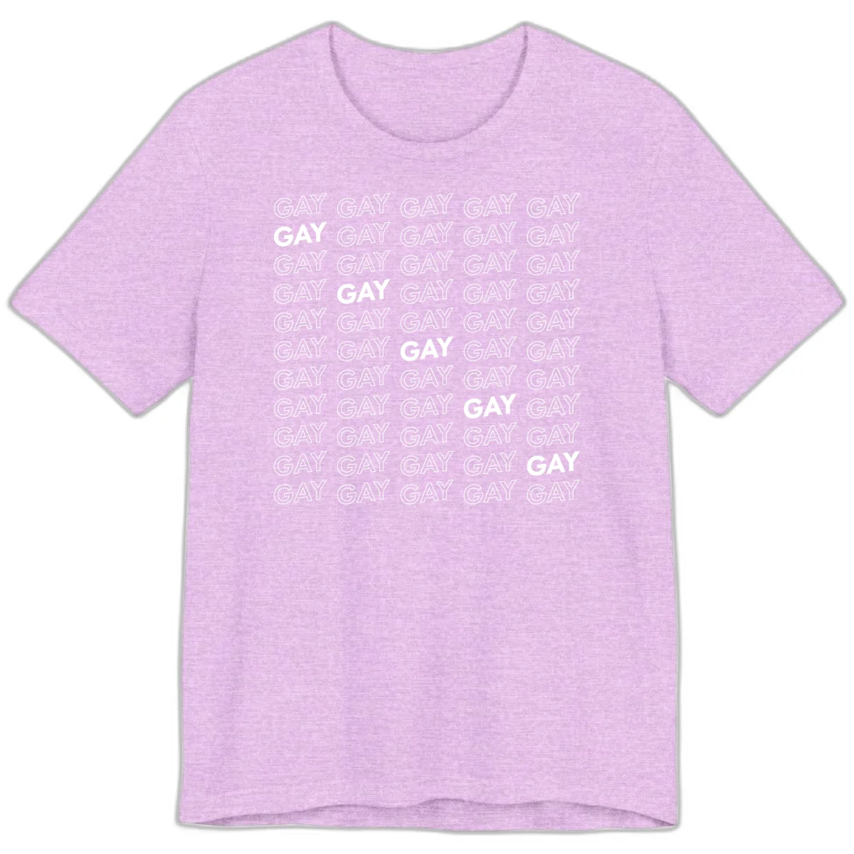 Gay pride pattern repeat design with the word GAY in outlined and solid white letters on a gray background in Heather Prism Lilac