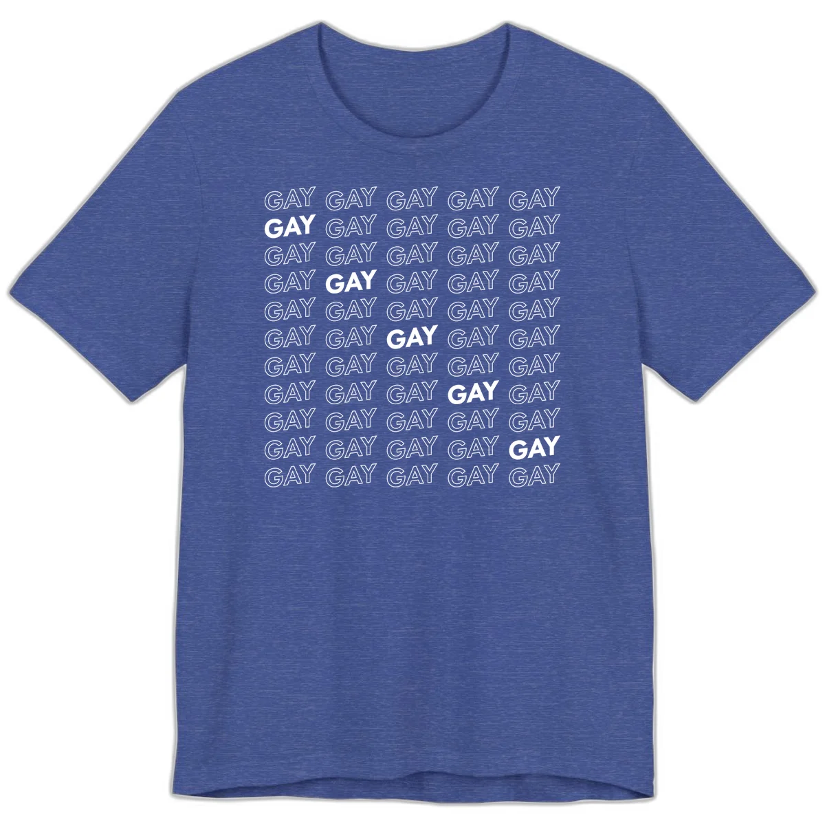 Gay pride pattern repeat design with the word GAY in outlined and solid white letters on a gray background in Heather True Royal