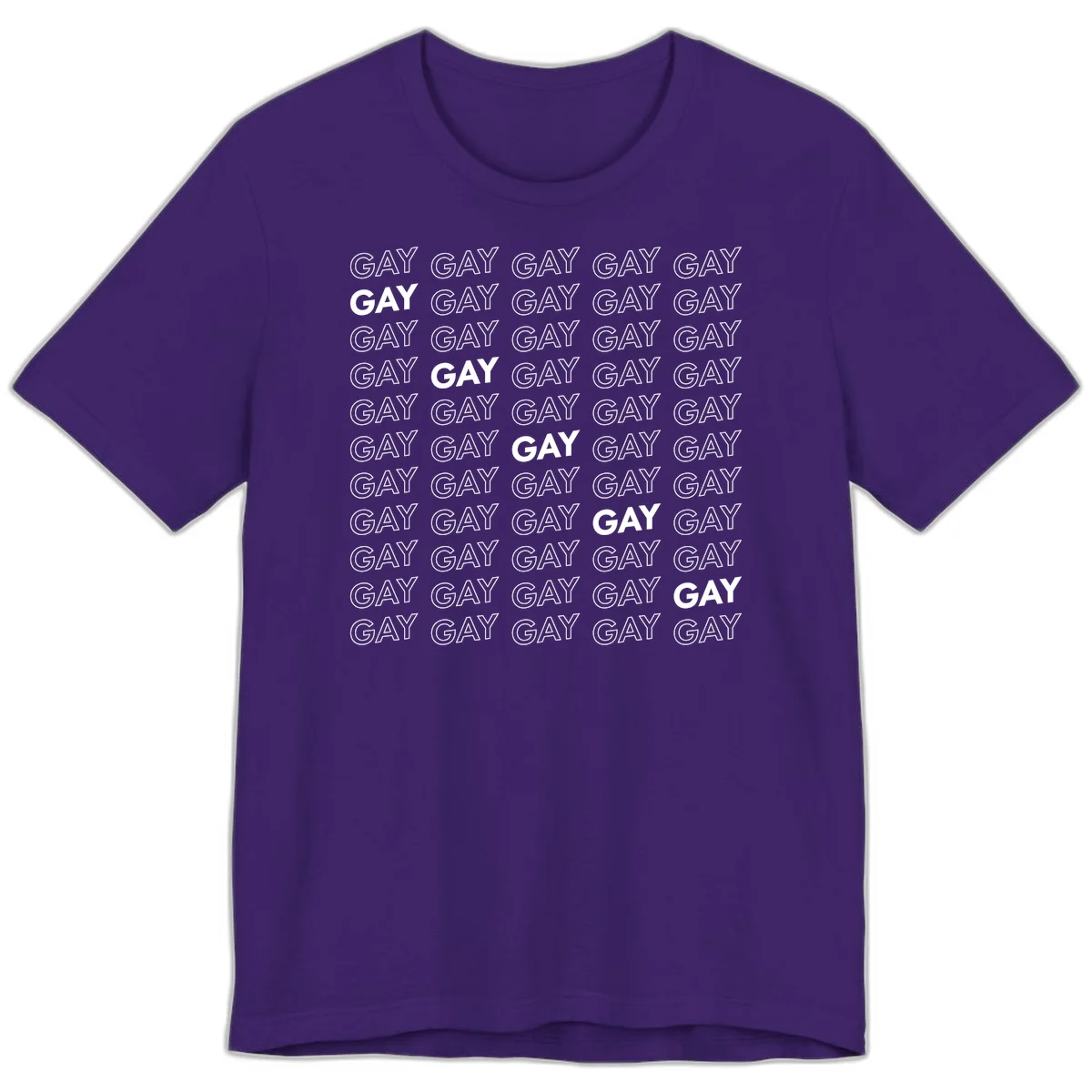 Gay pride pattern repeat design with the word GAY in outlined and solid white letters on a gray background in Team Purple