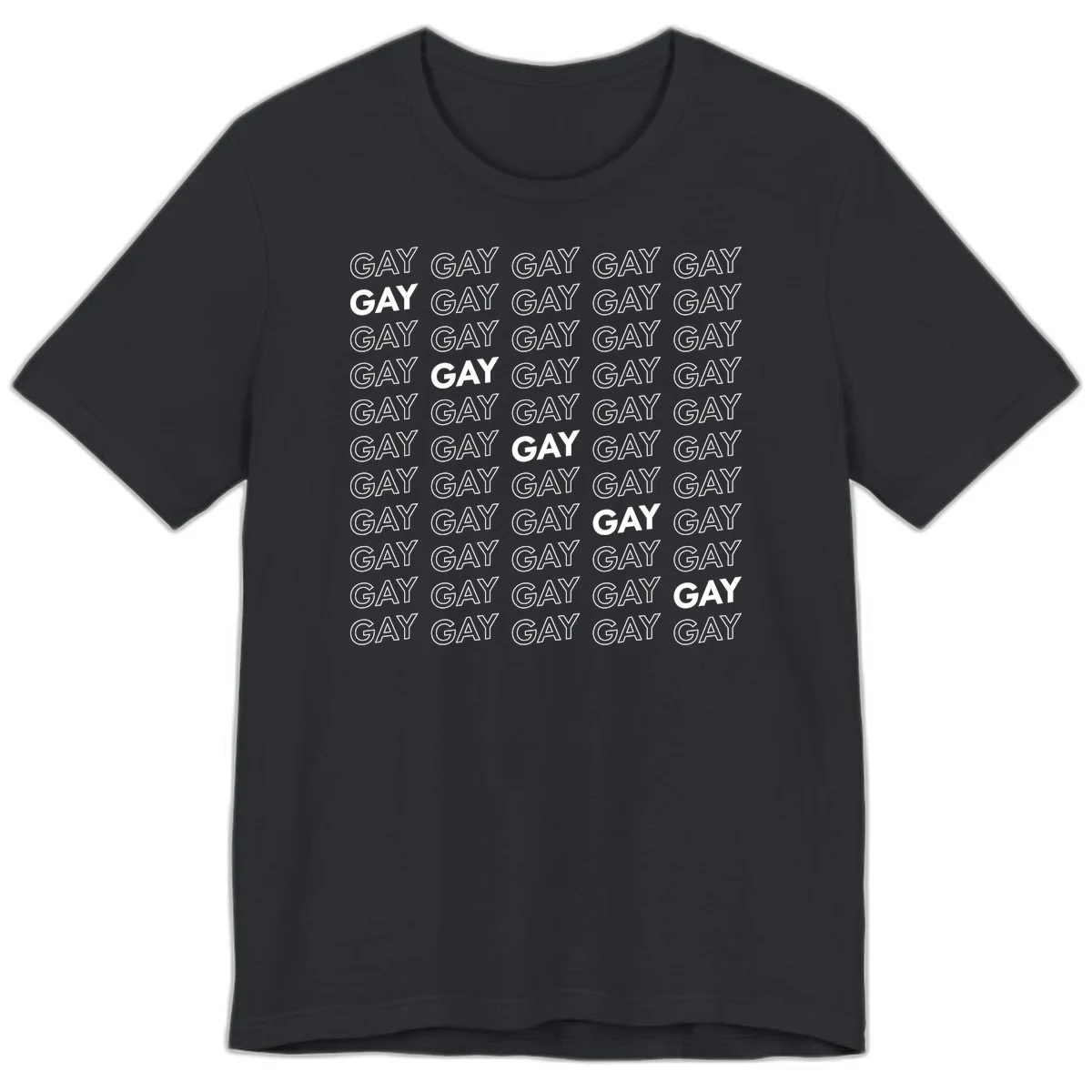 Gay pride pattern repeat design with the word GAY in outlined and solid white letters on a gray background in Vintage Black