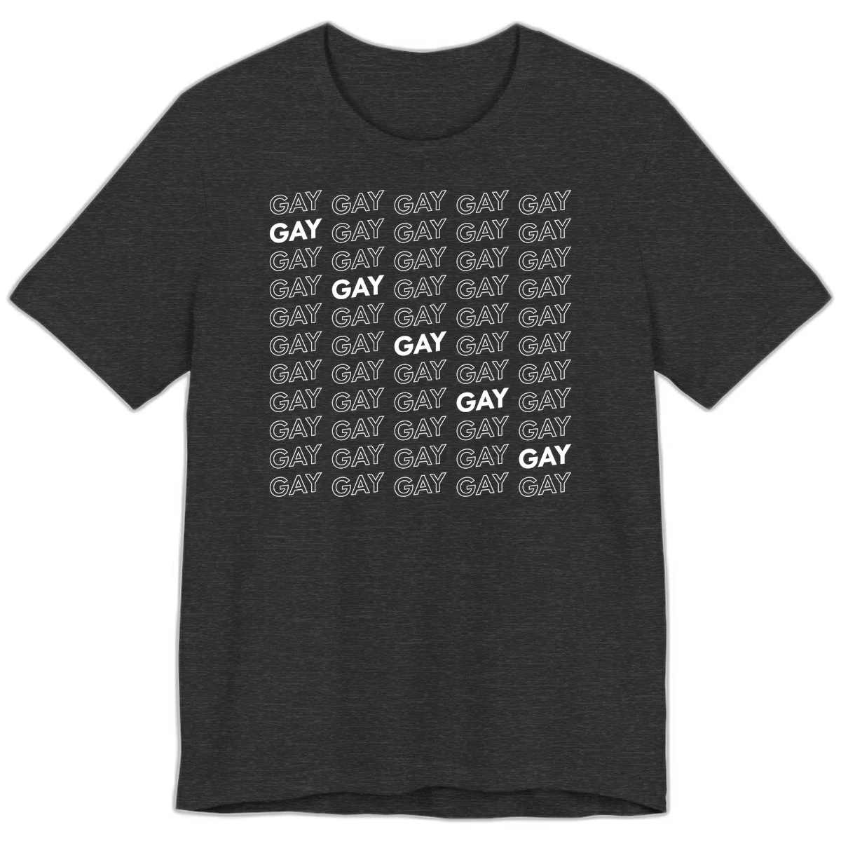 Gay pride pattern repeat design with the word GAY in outlined and solid white letters on a gray background in Dark Grey Heather