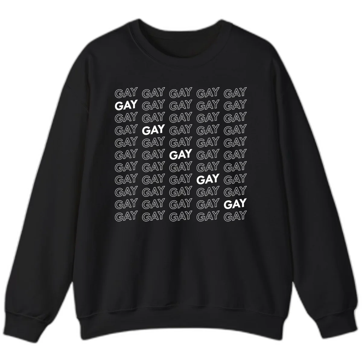 Gay pride pattern repeat design with the word GAY in outlined and solid white letters on a gray background in Black