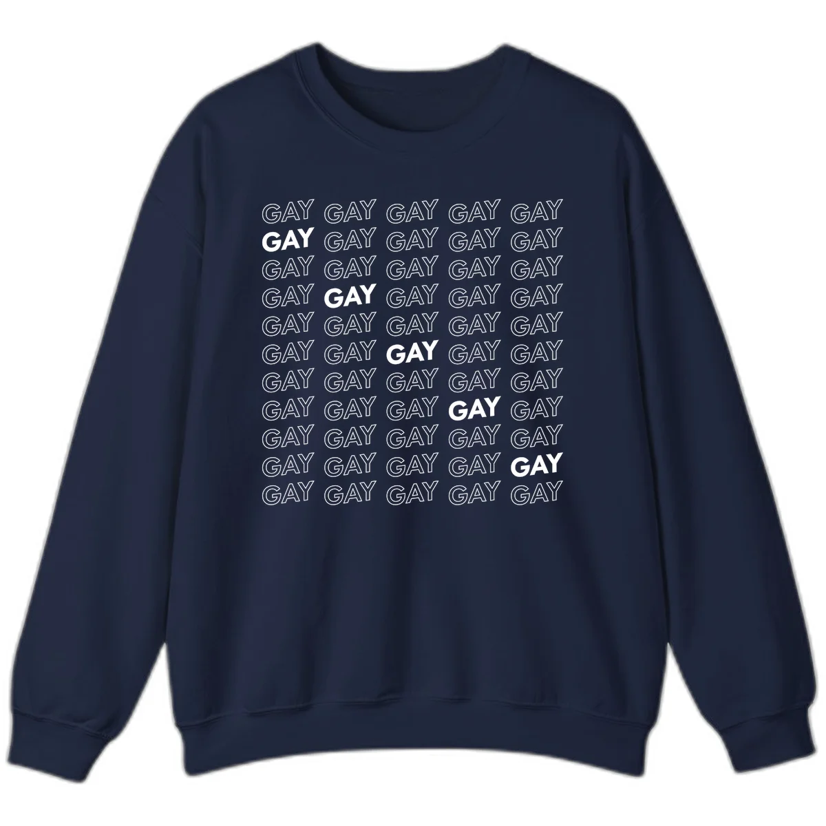 Gay pride pattern repeat design with the word GAY in outlined and solid white letters on a gray background in Navy