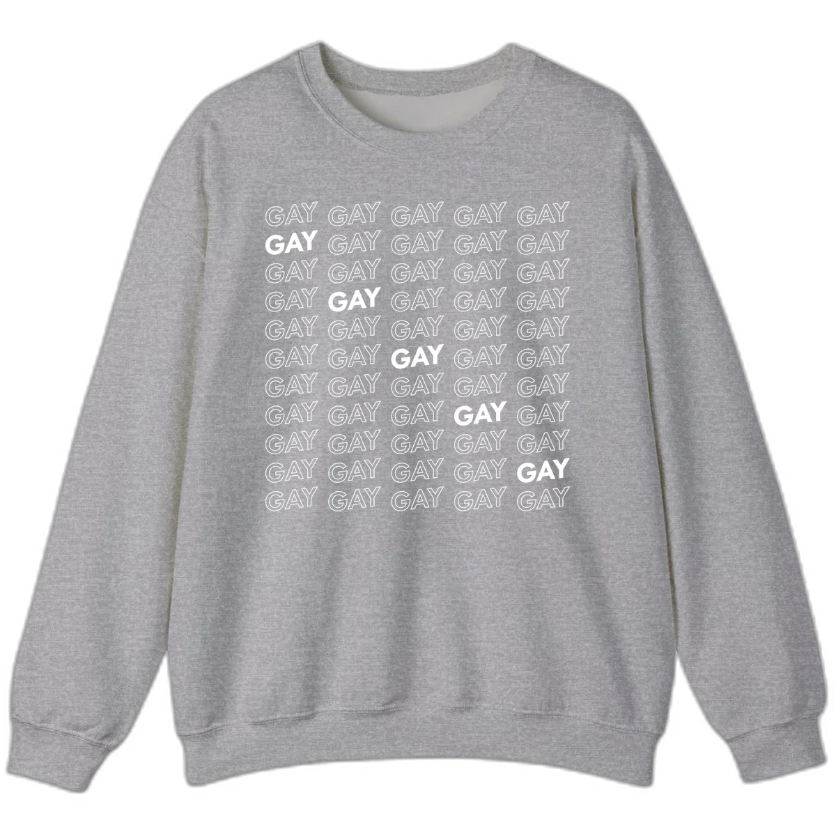 Gay pride pattern repeat design with the word GAY in outlined and solid white letters on a gray background in Sport Grey