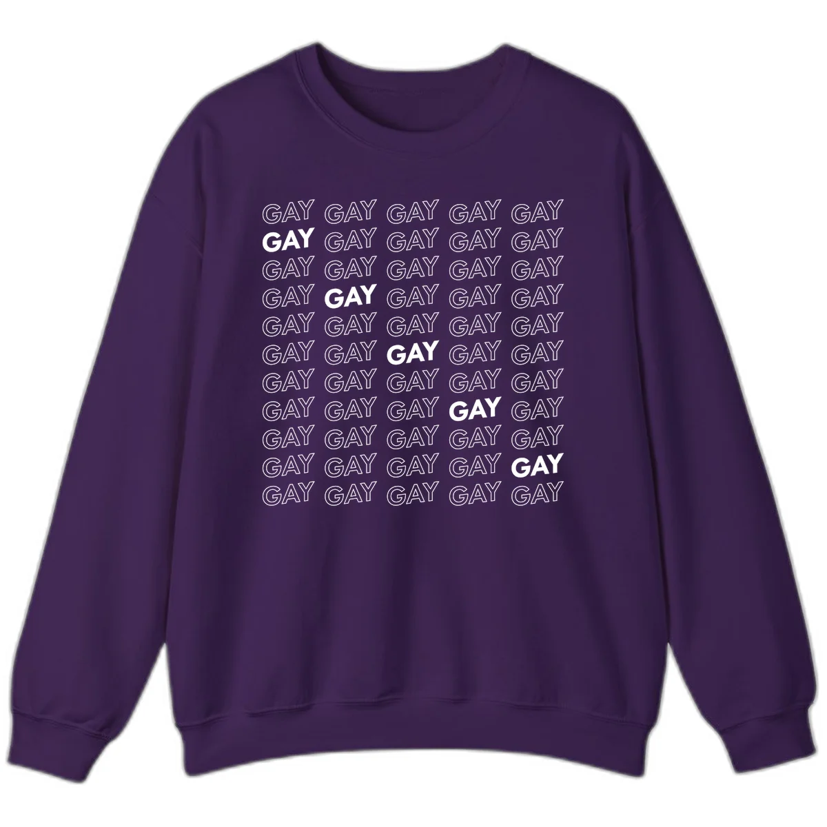 Gay pride pattern repeat design with the word GAY in outlined and solid white letters on a gray background in Purple
