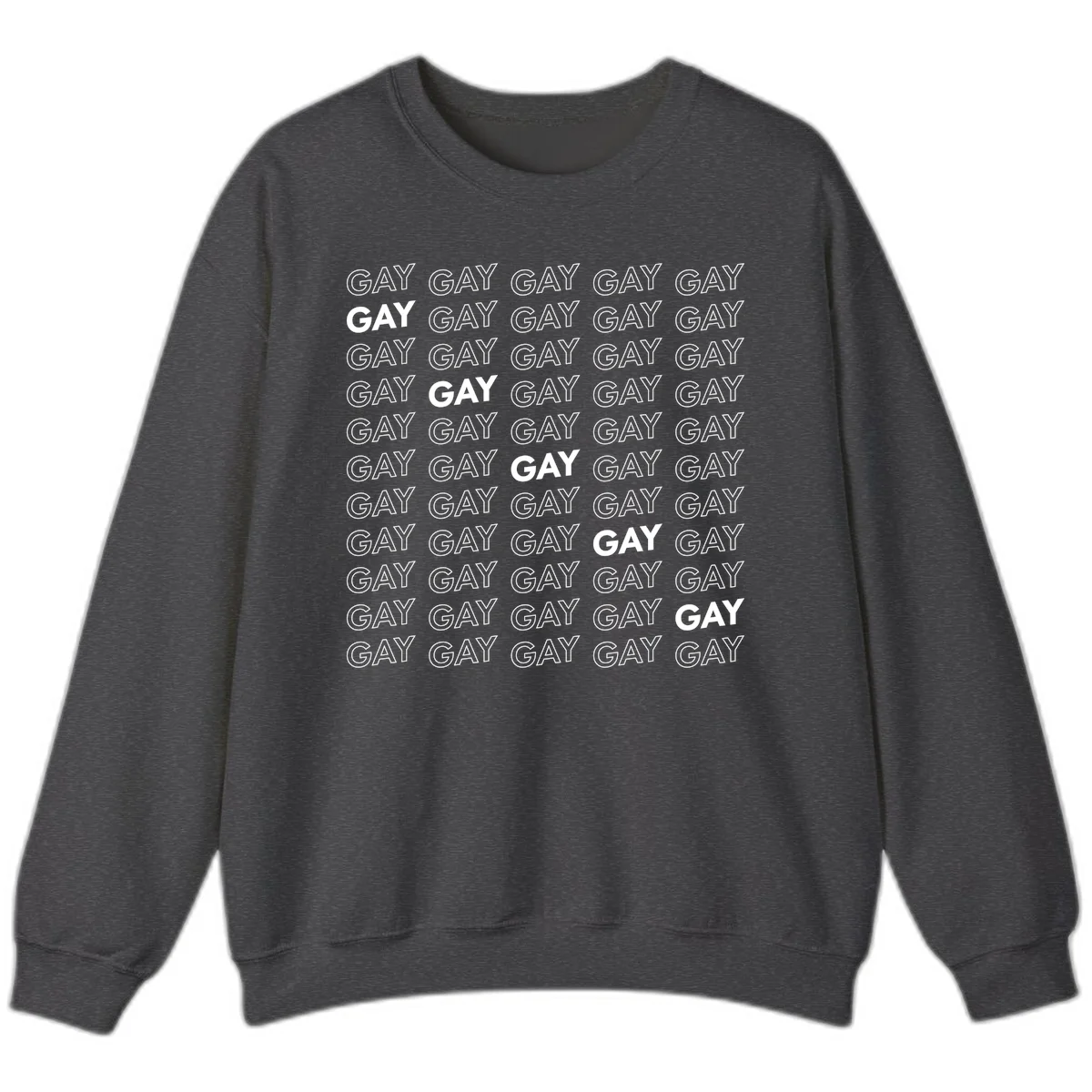 Gay pride pattern repeat design with the word GAY in outlined and solid white letters on a gray background in Dark Heather