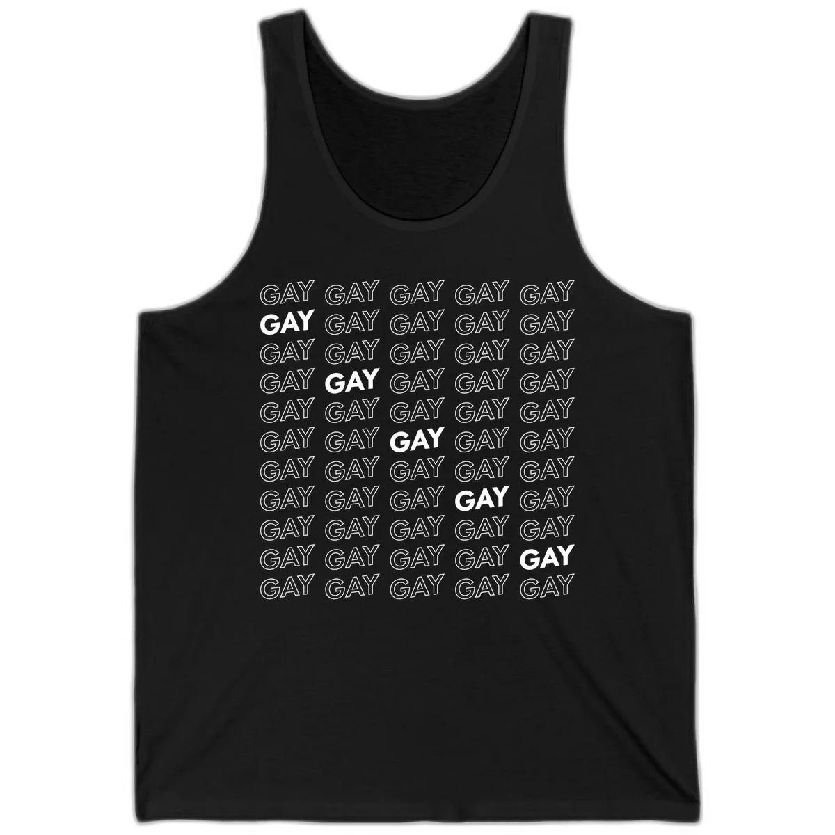 Gay pride pattern repeat design with the word GAY in outlined and solid white letters on a gray background in Black