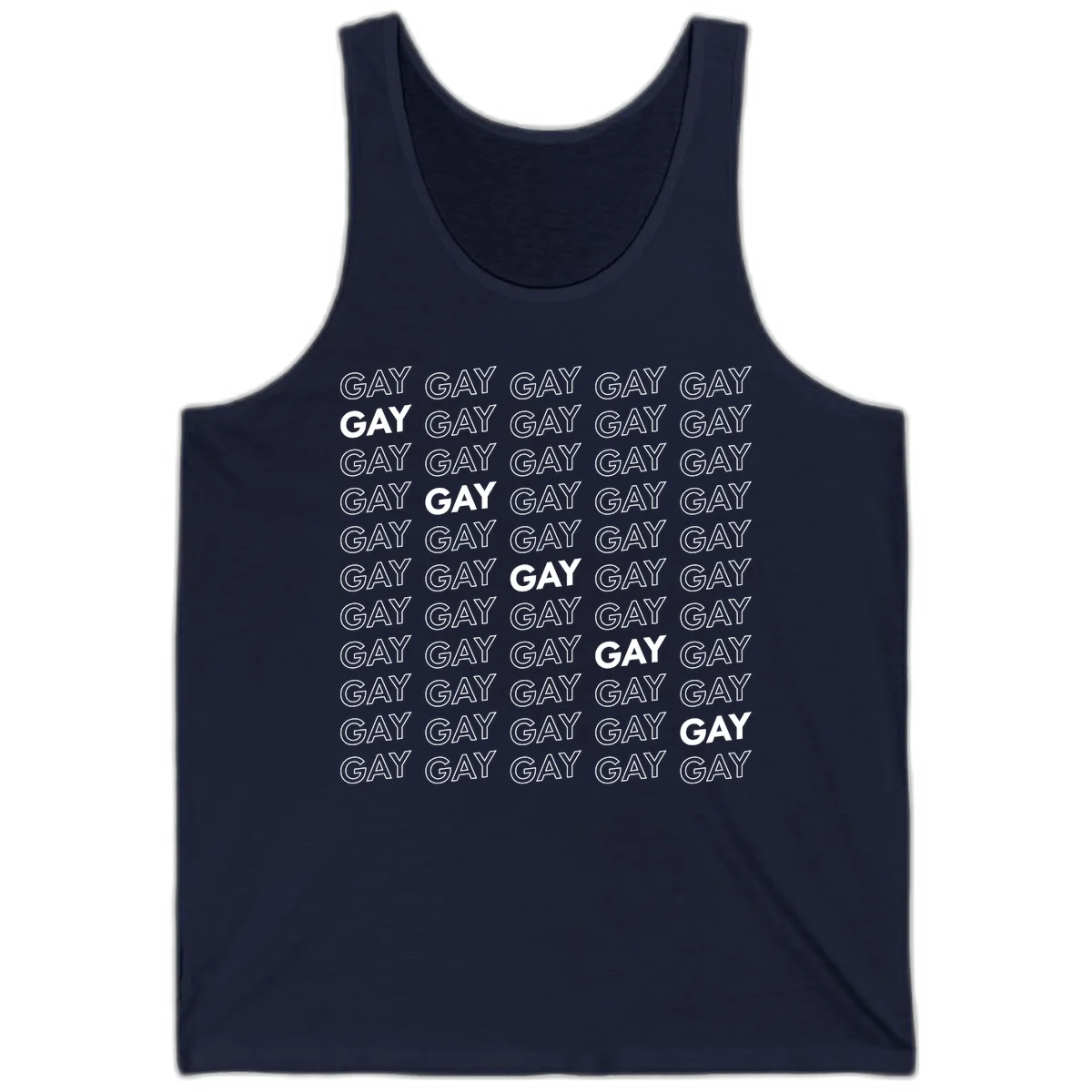 Gay pride pattern repeat design with the word GAY in outlined and solid white letters on a gray background in Navy