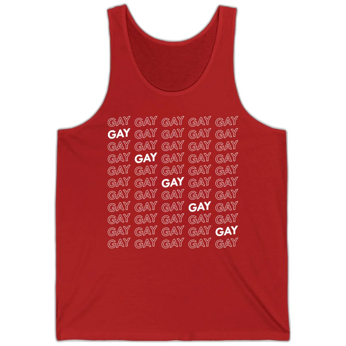 Gay pride pattern repeat design with the word GAY in outlined and solid white letters on a gray background in Red