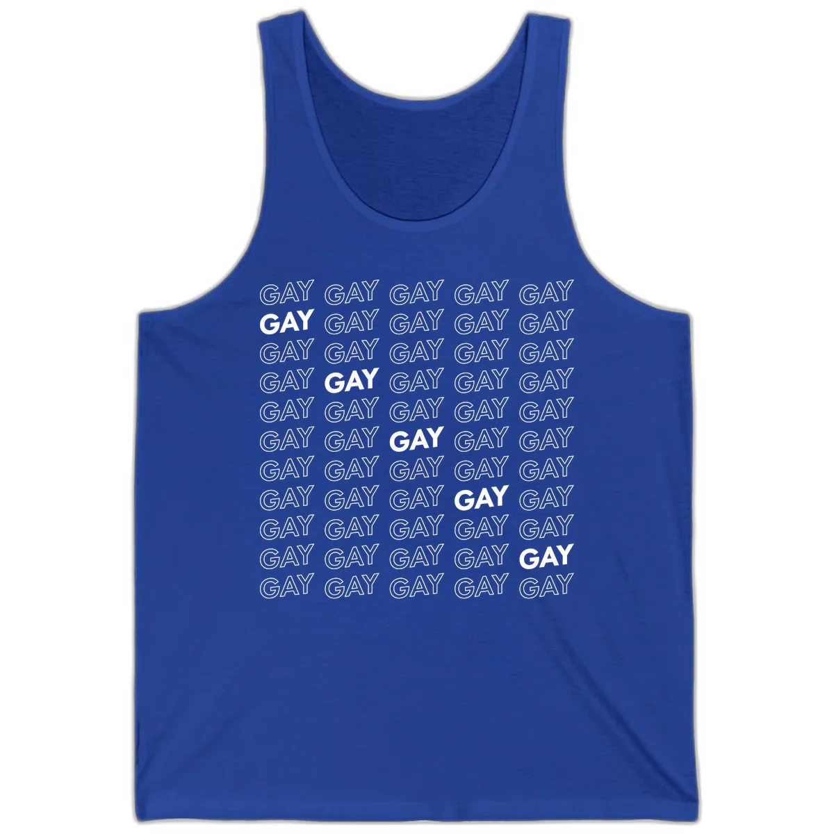 Gay pride pattern repeat design with the word GAY in outlined and solid white letters on a gray background in True Royal