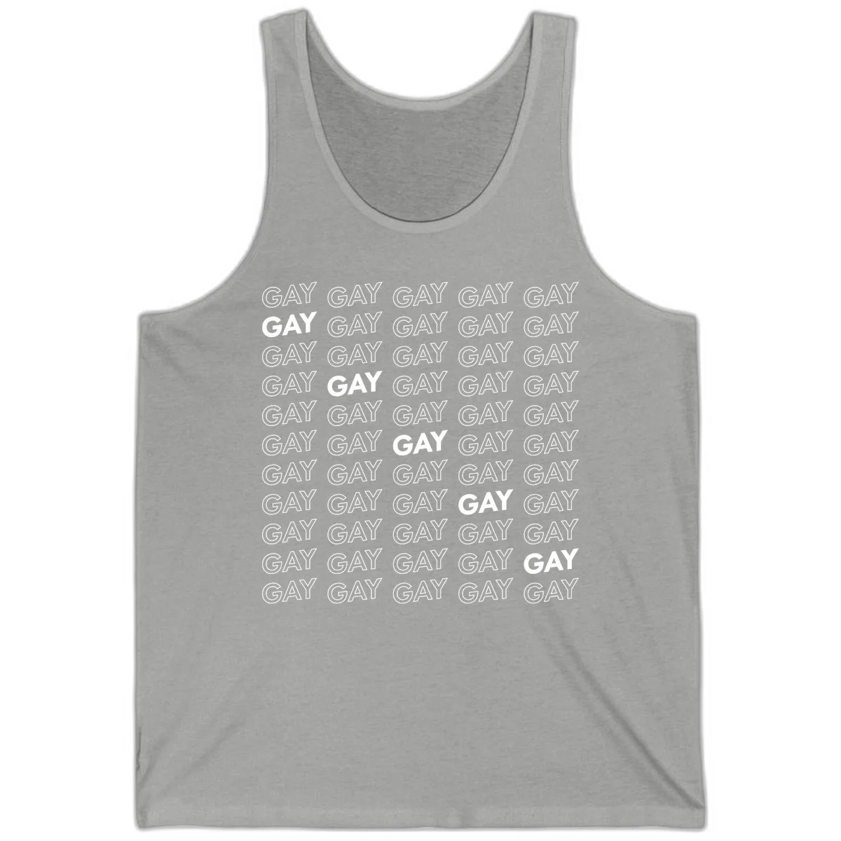 Gay pride pattern repeat design with the word GAY in outlined and solid white letters on a gray background in Athletic Heather