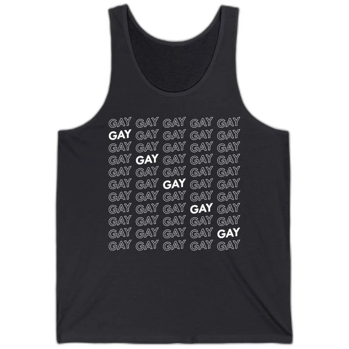 Gay pride pattern repeat design with the word GAY in outlined and solid white letters on a gray background in Dark Grey
