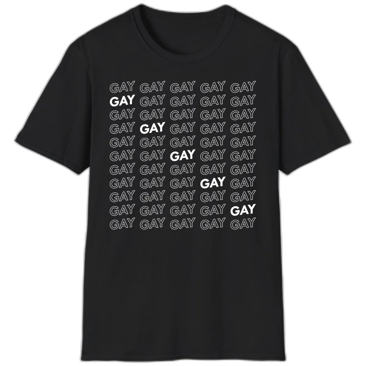 Gay pride pattern repeat design with the word GAY in outlined and solid white letters on a gray background in Black