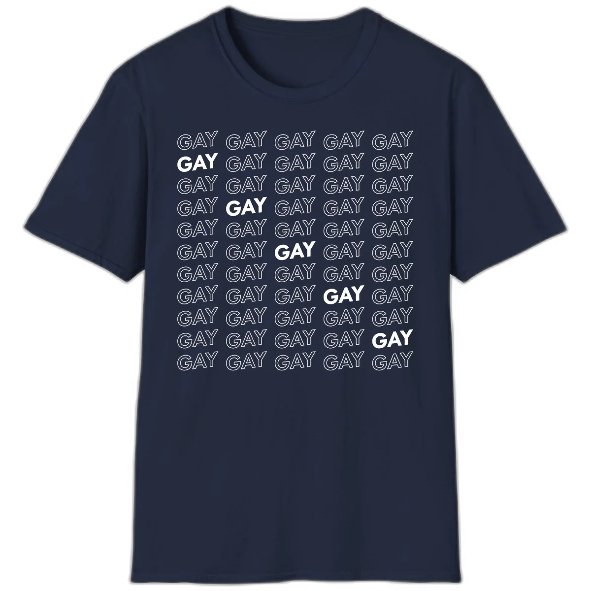 Gay pride pattern repeat design with the word GAY in outlined and solid white letters on a gray background in Navy