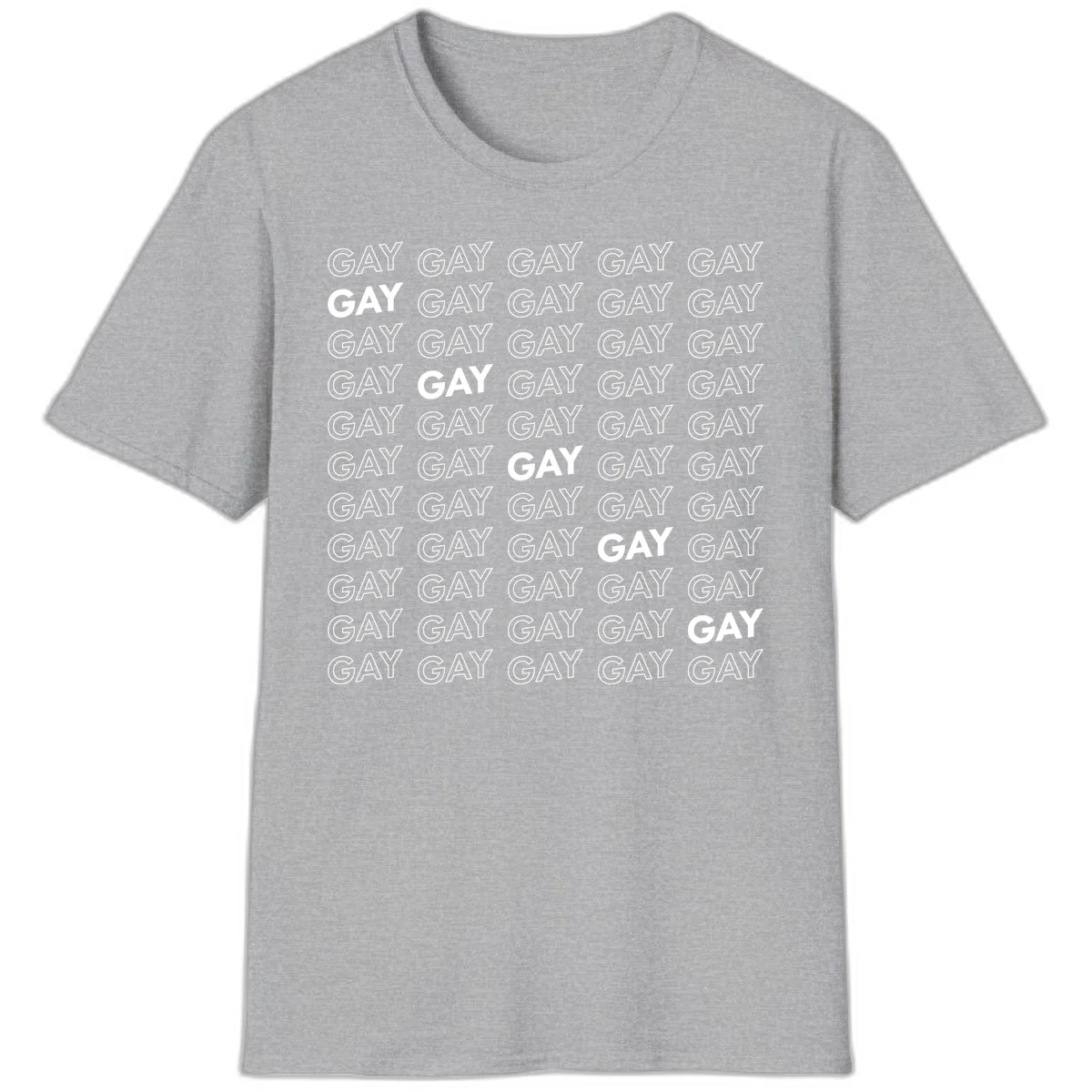 Gay pride pattern repeat design with the word GAY in outlined and solid white letters on a gray background in Sport Grey
