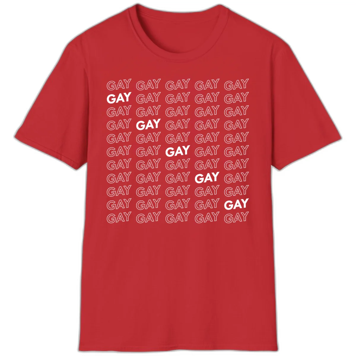 Gay pride pattern repeat design with the word GAY in outlined and solid white letters on a gray background in Red