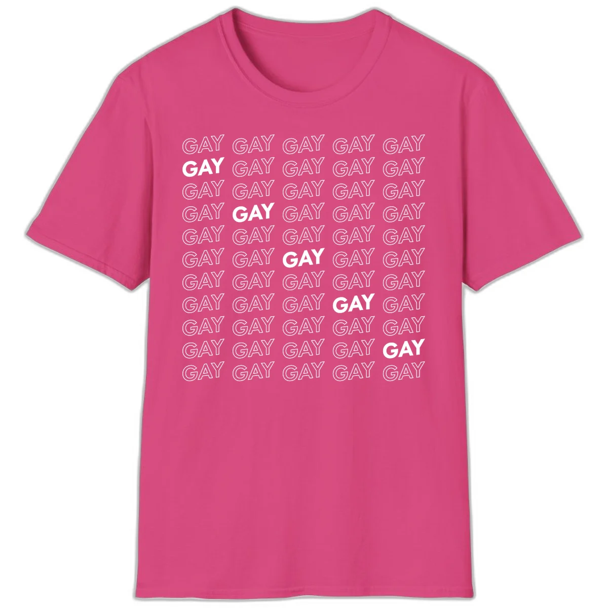 Gay pride pattern repeat design with the word GAY in outlined and solid white letters on a gray background in Heliconia