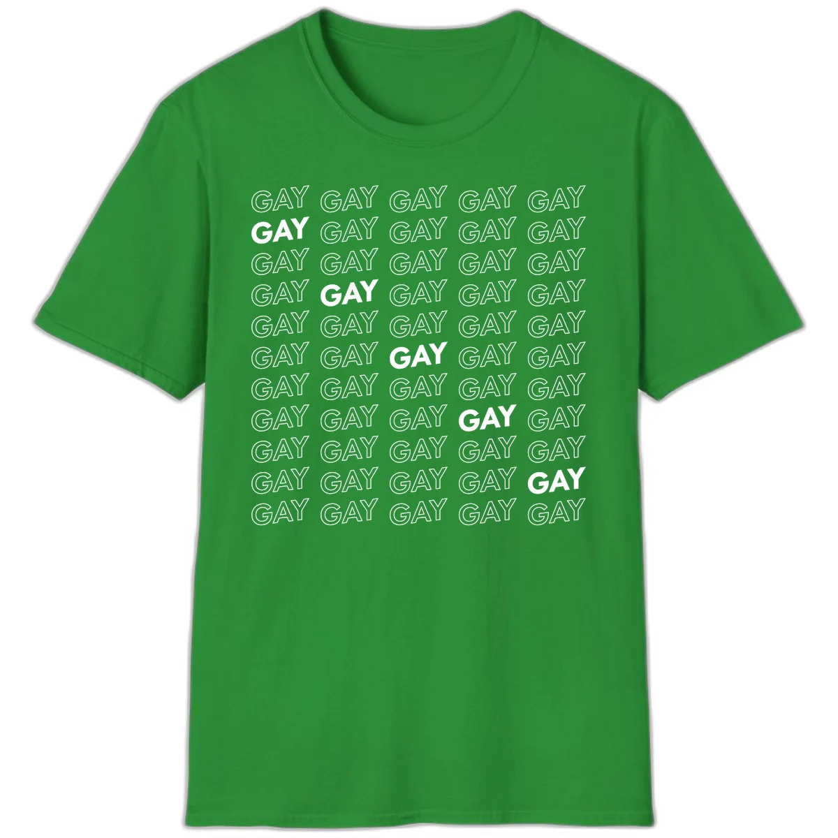 Gay pride pattern repeat design with the word GAY in outlined and solid white letters on a gray background in Irish Green