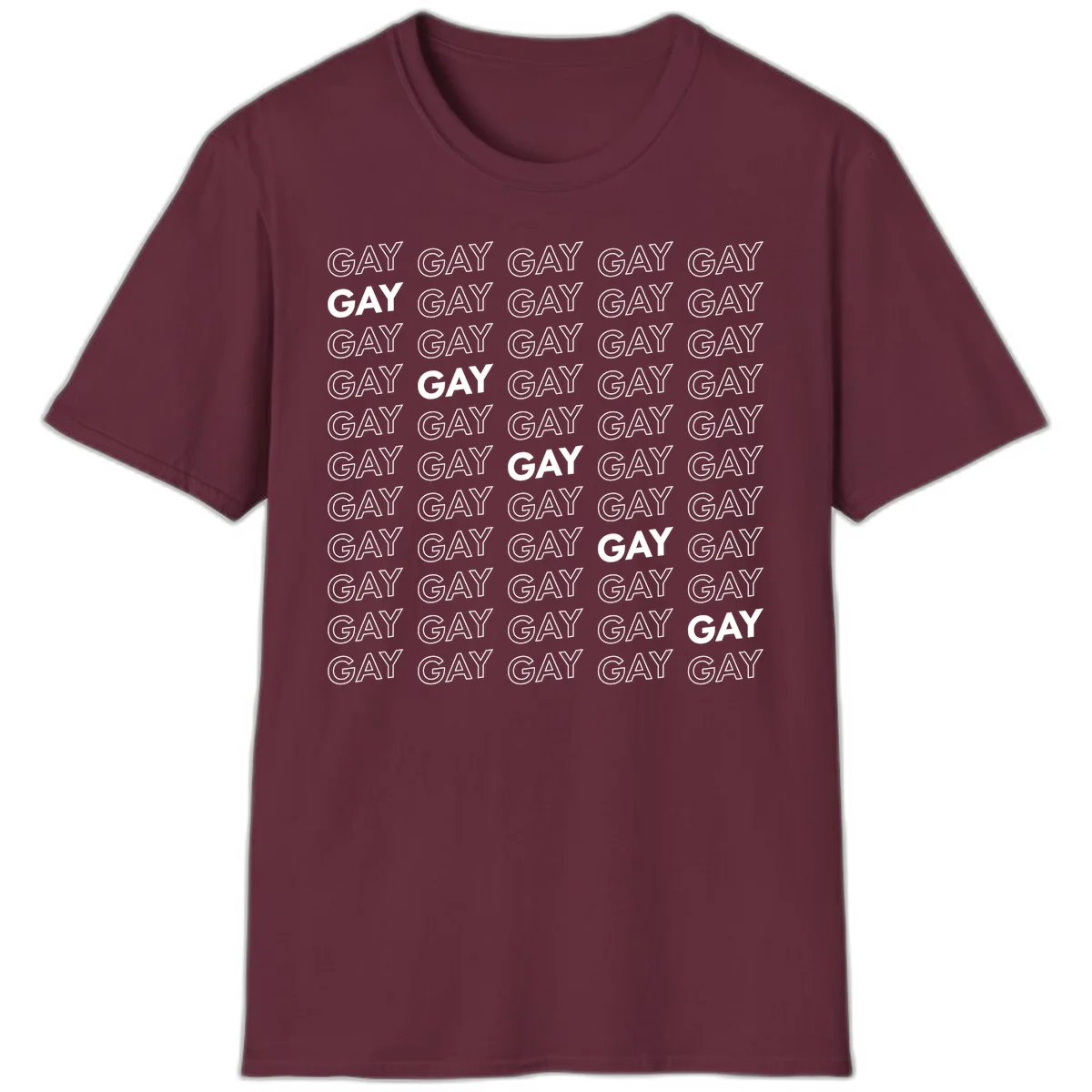 Gay pride pattern repeat design with the word GAY in outlined and solid white letters on a gray background in Maroon