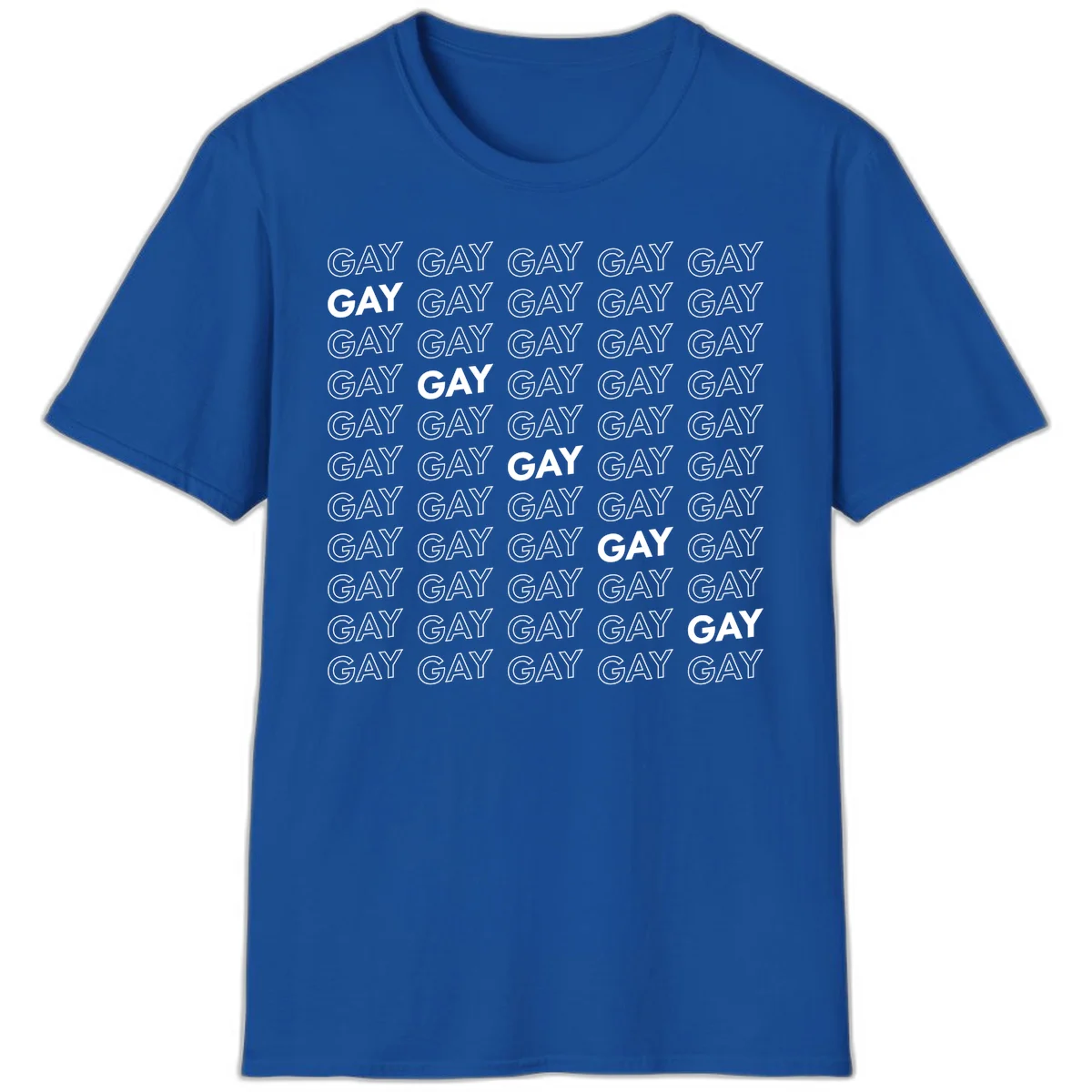 Gay pride pattern repeat design with the word GAY in outlined and solid white letters on a gray background in Royal