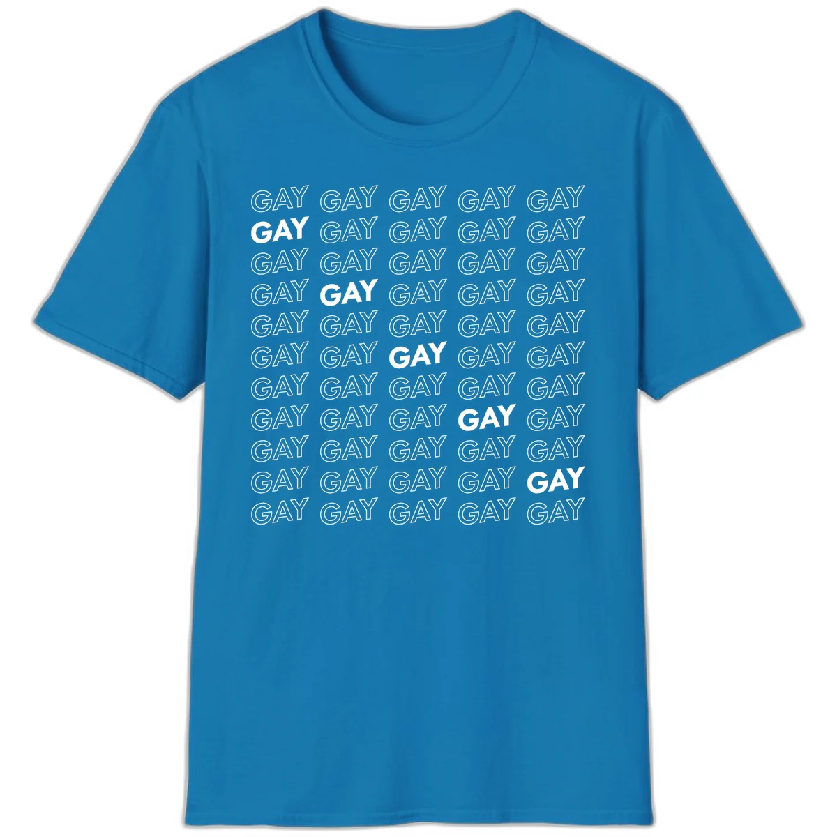 Gay pride pattern repeat design with the word GAY in outlined and solid white letters on a gray background in Sapphire