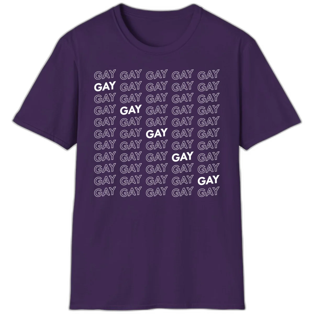 Gay pride pattern repeat design with the word GAY in outlined and solid white letters on a gray background in Purple