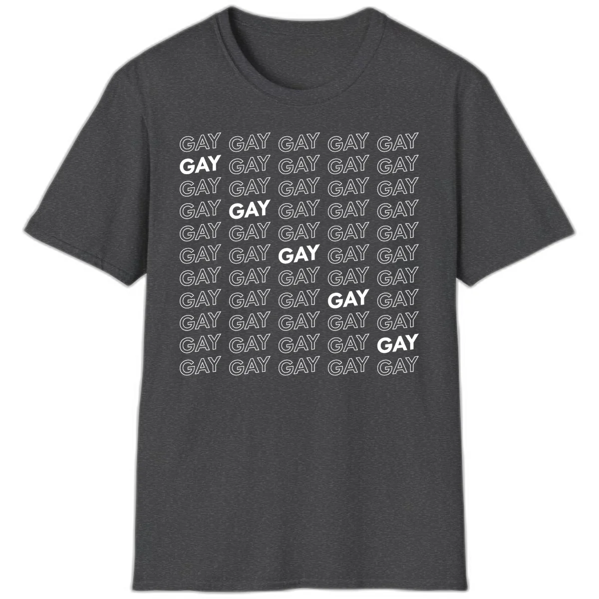 Gay pride pattern repeat design with the word GAY in outlined and solid white letters on a gray background in Dark Heather