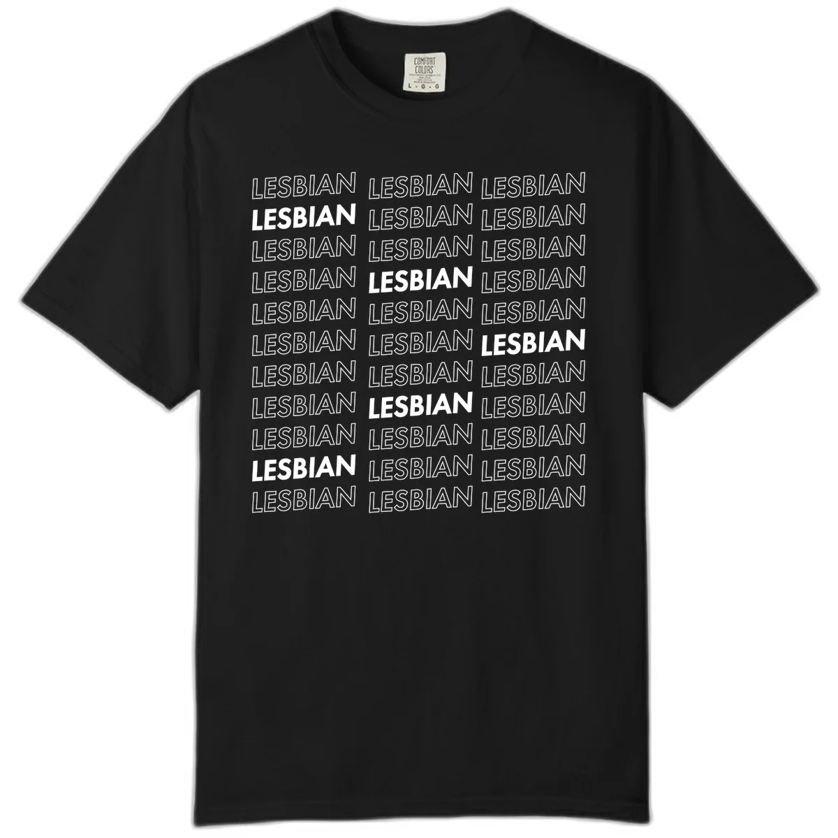 Repeating pattern of the word LESBIAN in bold white and outlined text on gray background for lesbian pride in Black