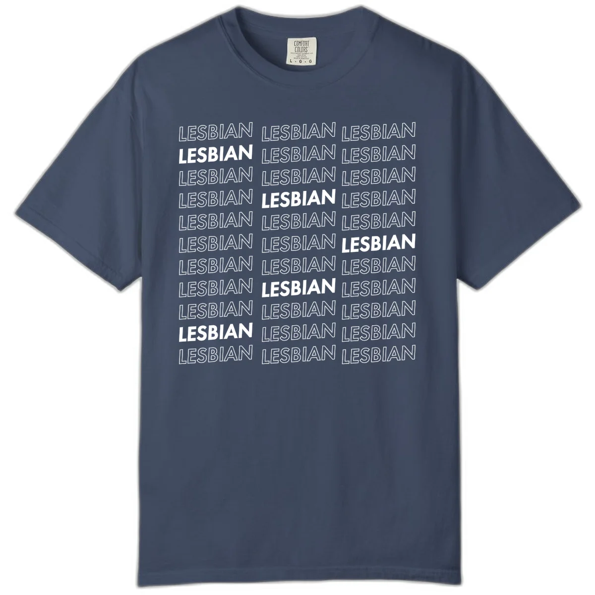 Repeating pattern of the word LESBIAN in bold white and outlined text on gray background for lesbian pride in Midnight