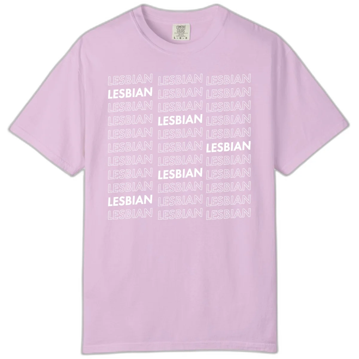 Repeating pattern of the word LESBIAN in bold white and outlined text on gray background for lesbian pride in Orchid