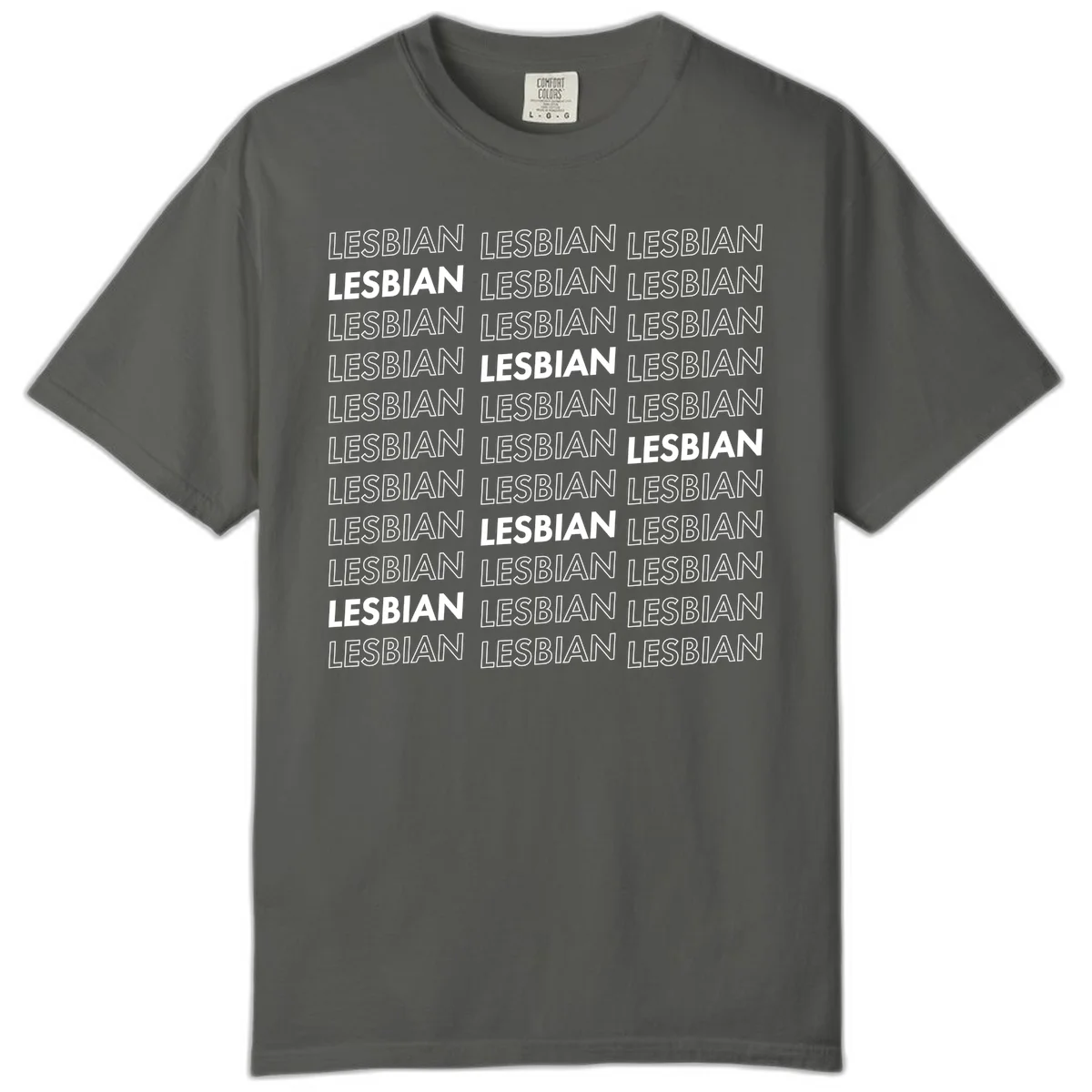 Repeating pattern of the word LESBIAN in bold white and outlined text on gray background for lesbian pride in Pepper