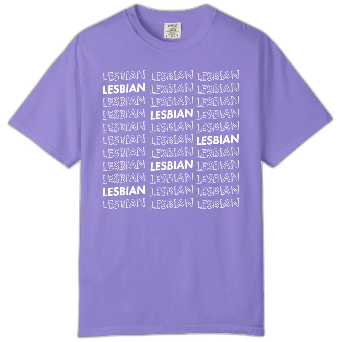 Repeating pattern of the word LESBIAN in bold white and outlined text on gray background for lesbian pride in Violet