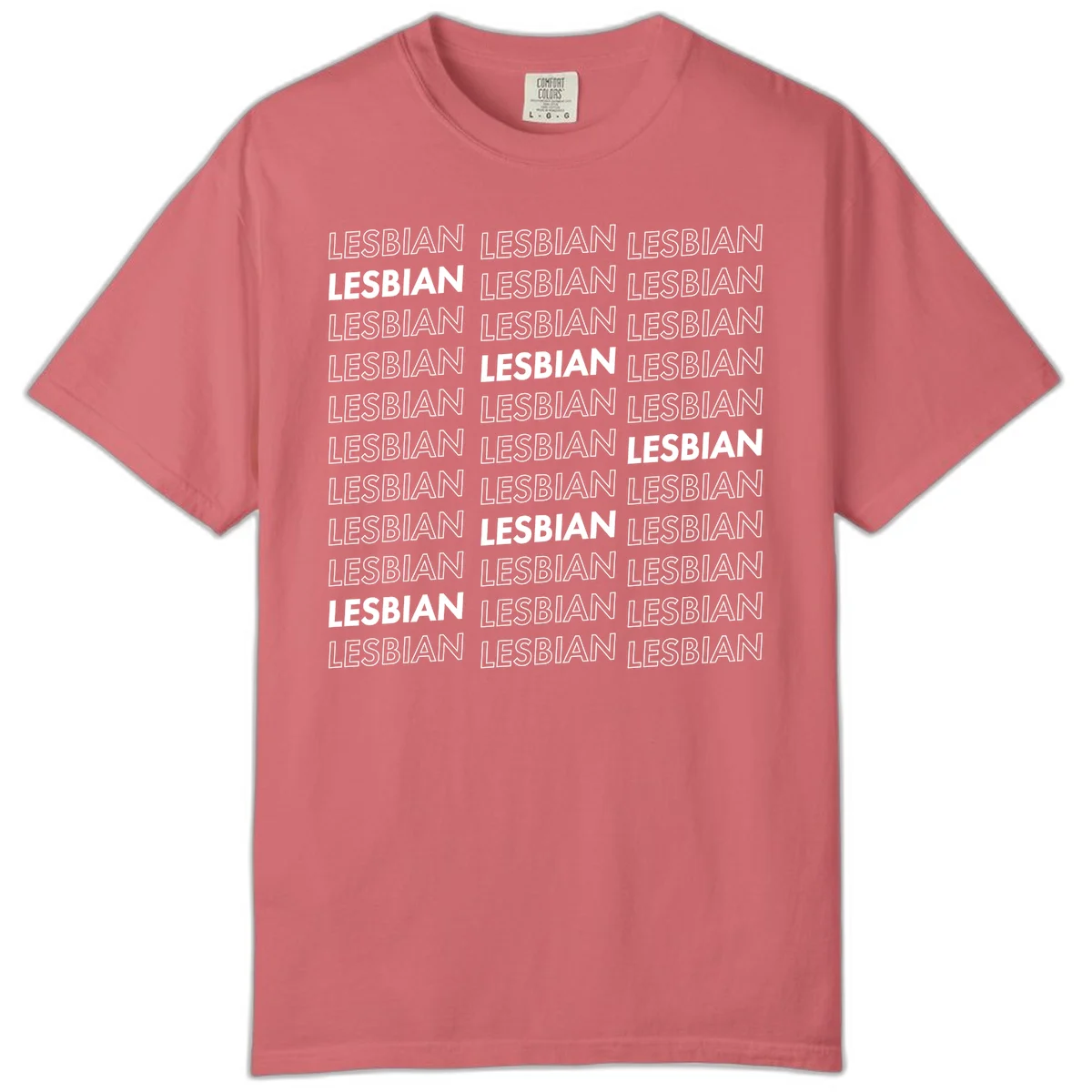 Repeating pattern of the word LESBIAN in bold white and outlined text on gray background for lesbian pride in Watermelon