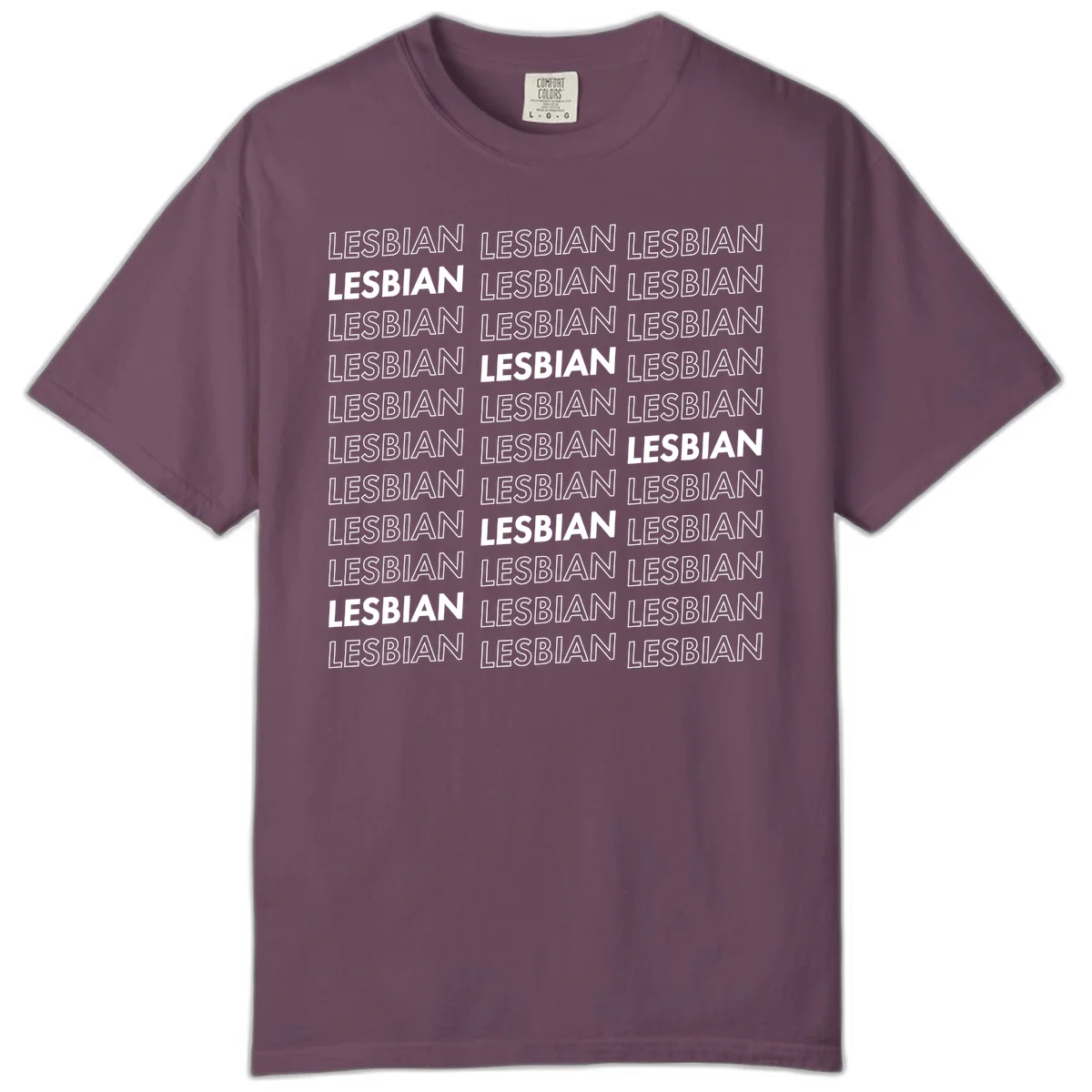 Repeating pattern of the word LESBIAN in bold white and outlined text on gray background for lesbian pride in Berry