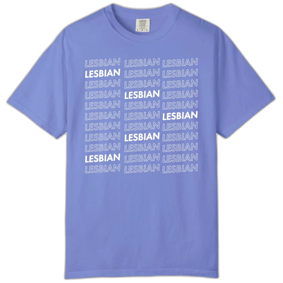 Repeating pattern of the word LESBIAN in bold white and outlined text on gray background for lesbian pride in Flo Blue