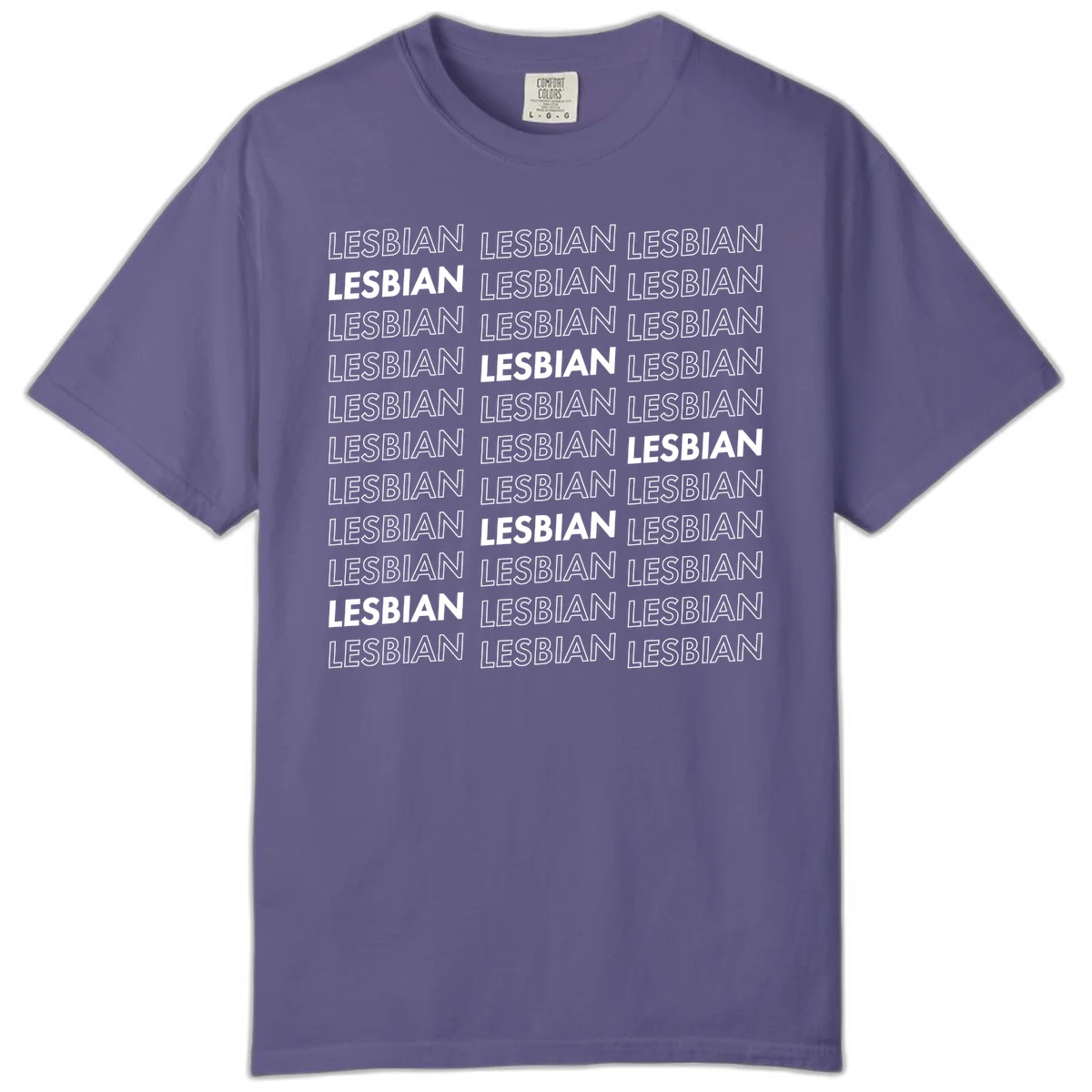 Repeating pattern of the word LESBIAN in bold white and outlined text on gray background for lesbian pride in Grape