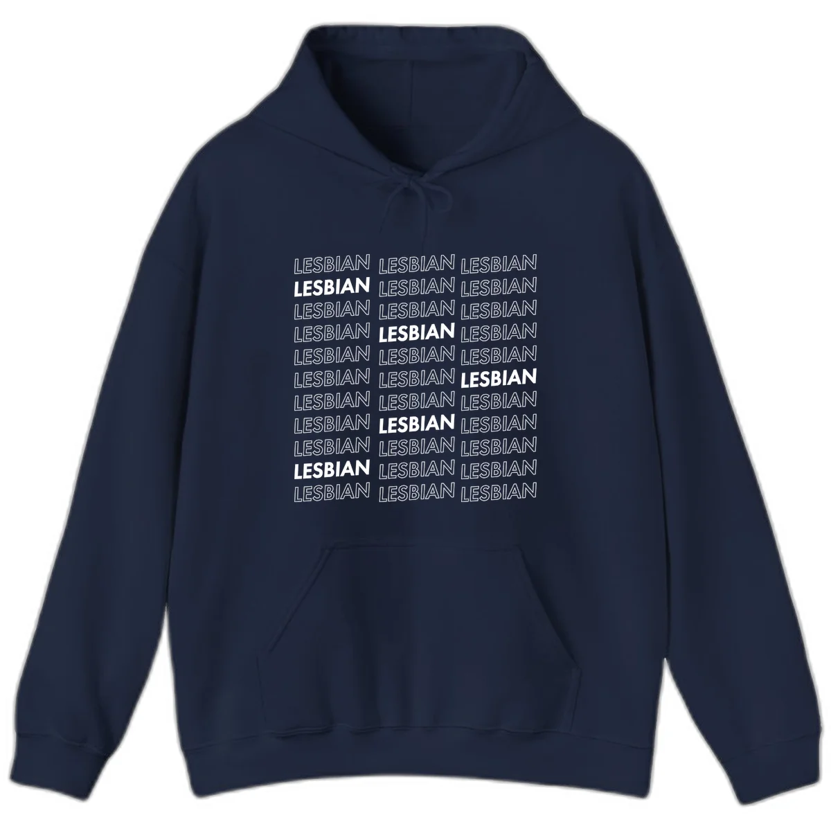 Repeating pattern of the word LESBIAN in bold white and outlined text on gray background for lesbian pride in Navy