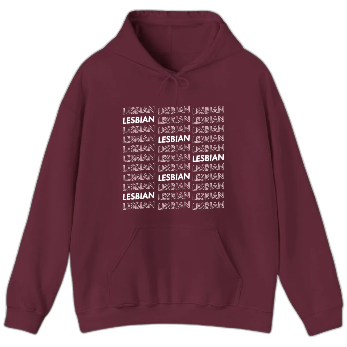 Repeating pattern of the word LESBIAN in bold white and outlined text on gray background for lesbian pride in Maroon