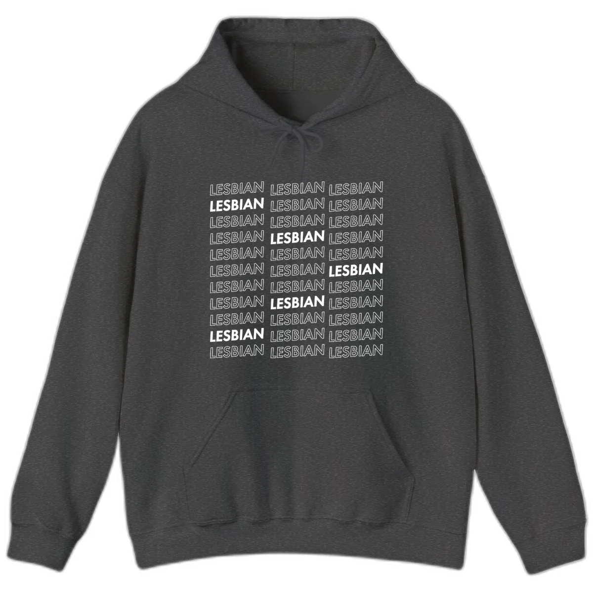 Repeating pattern of the word LESBIAN in bold white and outlined text on gray background for lesbian pride in Dark Heather