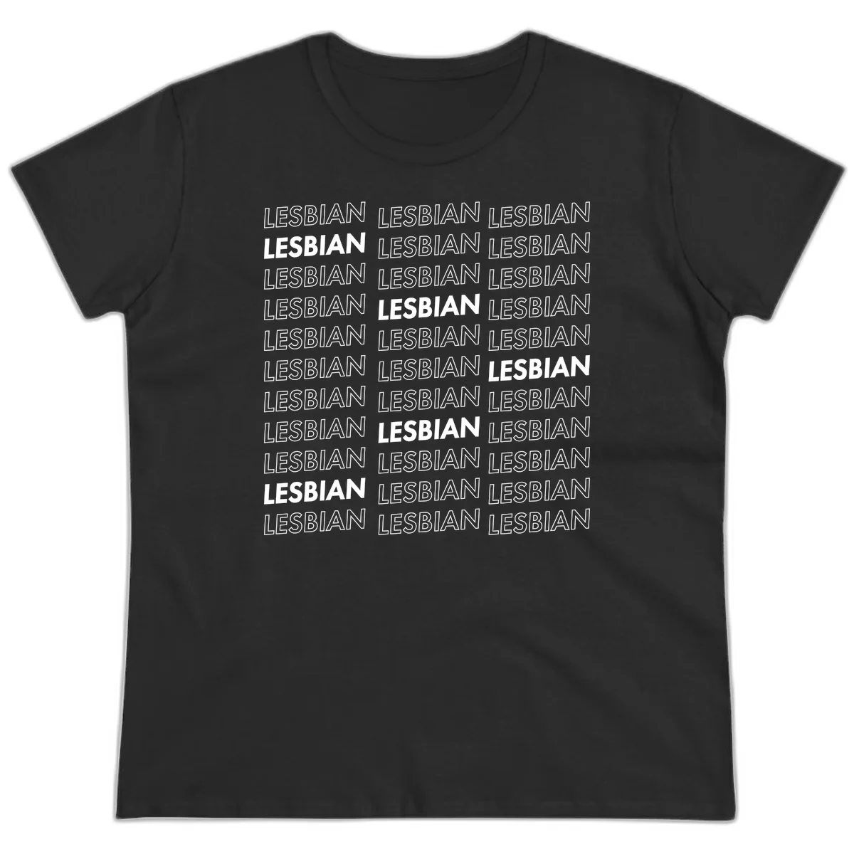 Repeating pattern of the word LESBIAN in bold white and outlined text on gray background for lesbian pride in Black