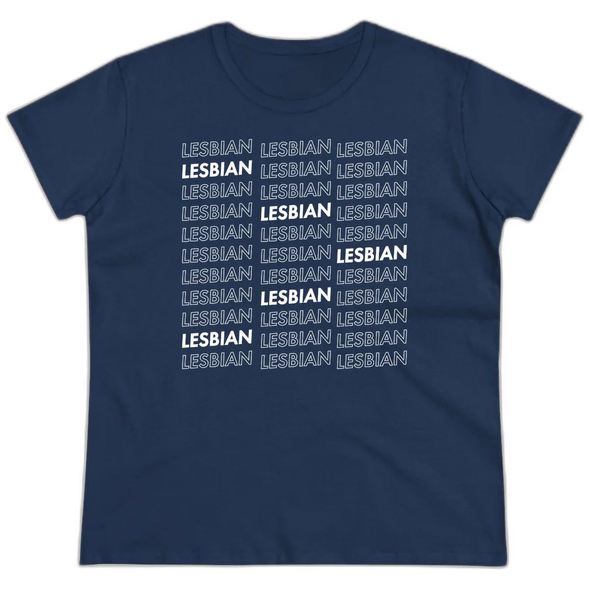 Repeating pattern of the word LESBIAN in bold white and outlined text on gray background for lesbian pride in Navy