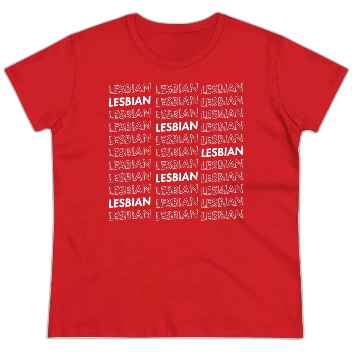 Repeating pattern of the word LESBIAN in bold white and outlined text on gray background for lesbian pride in Red