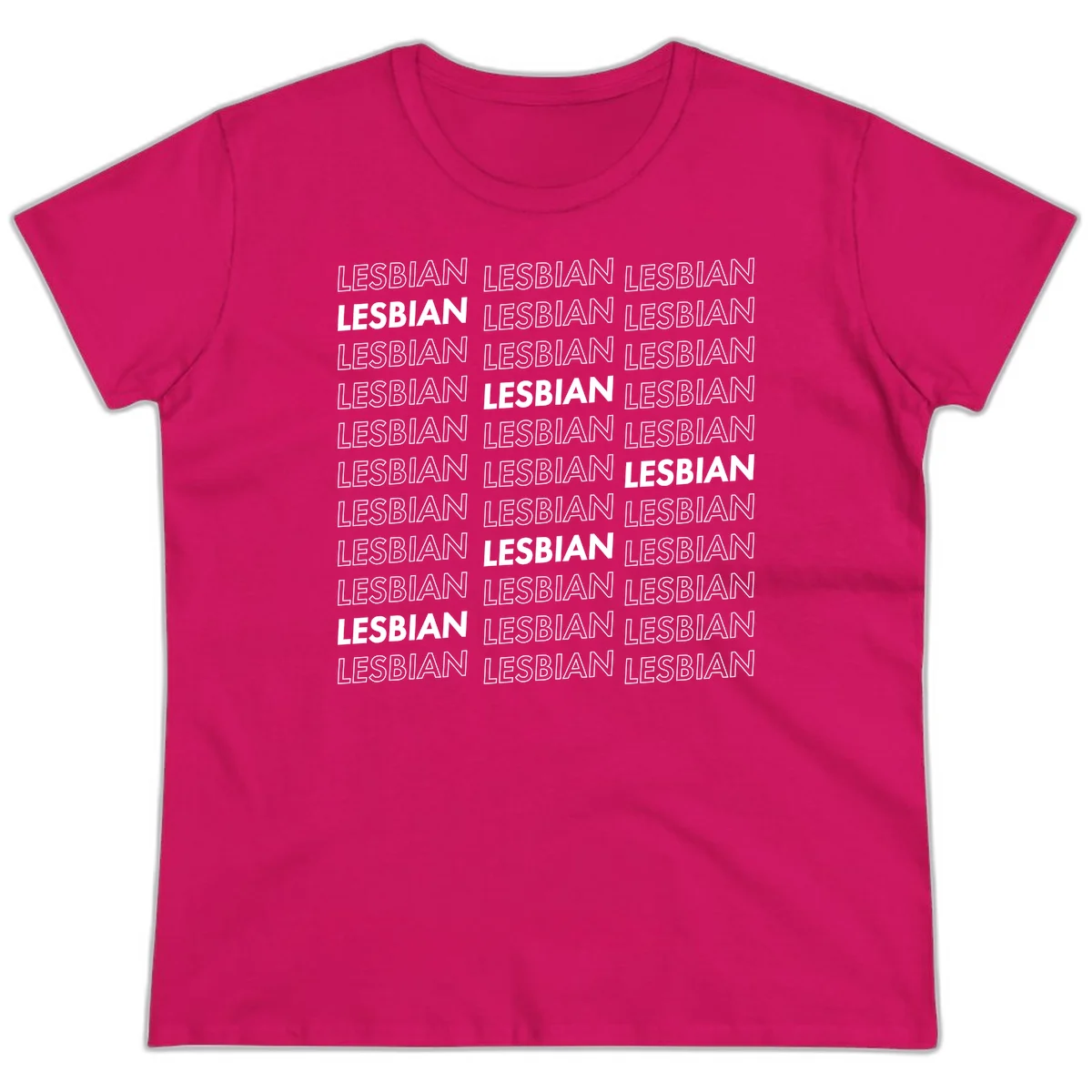 Repeating pattern of the word LESBIAN in bold white and outlined text on gray background for lesbian pride in Heliconia