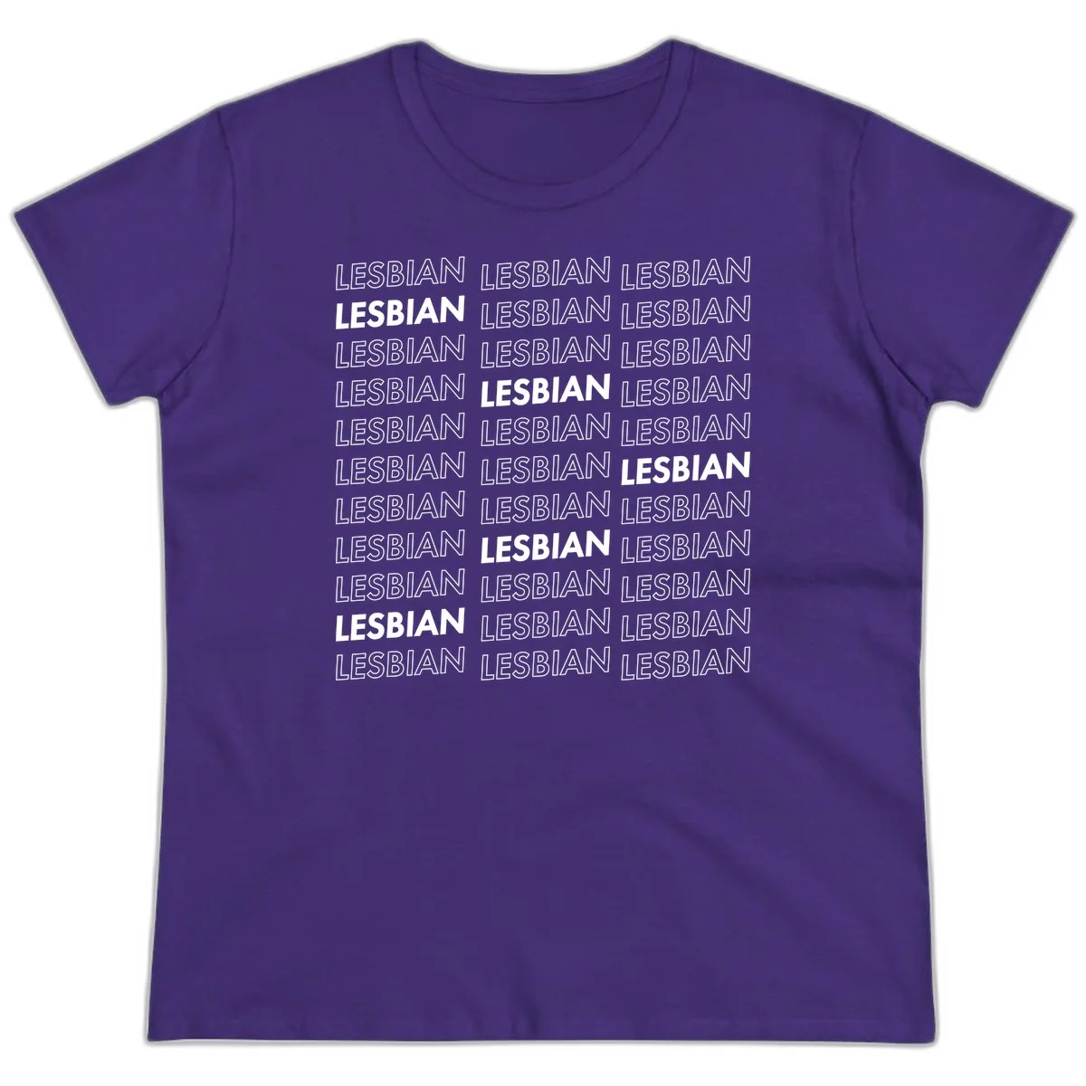 Repeating pattern of the word LESBIAN in bold white and outlined text on gray background for lesbian pride in Purple